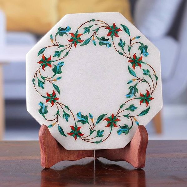 Alternate image for Green Floral Marble Inlay Decorative Plate from India Ivy Garland
