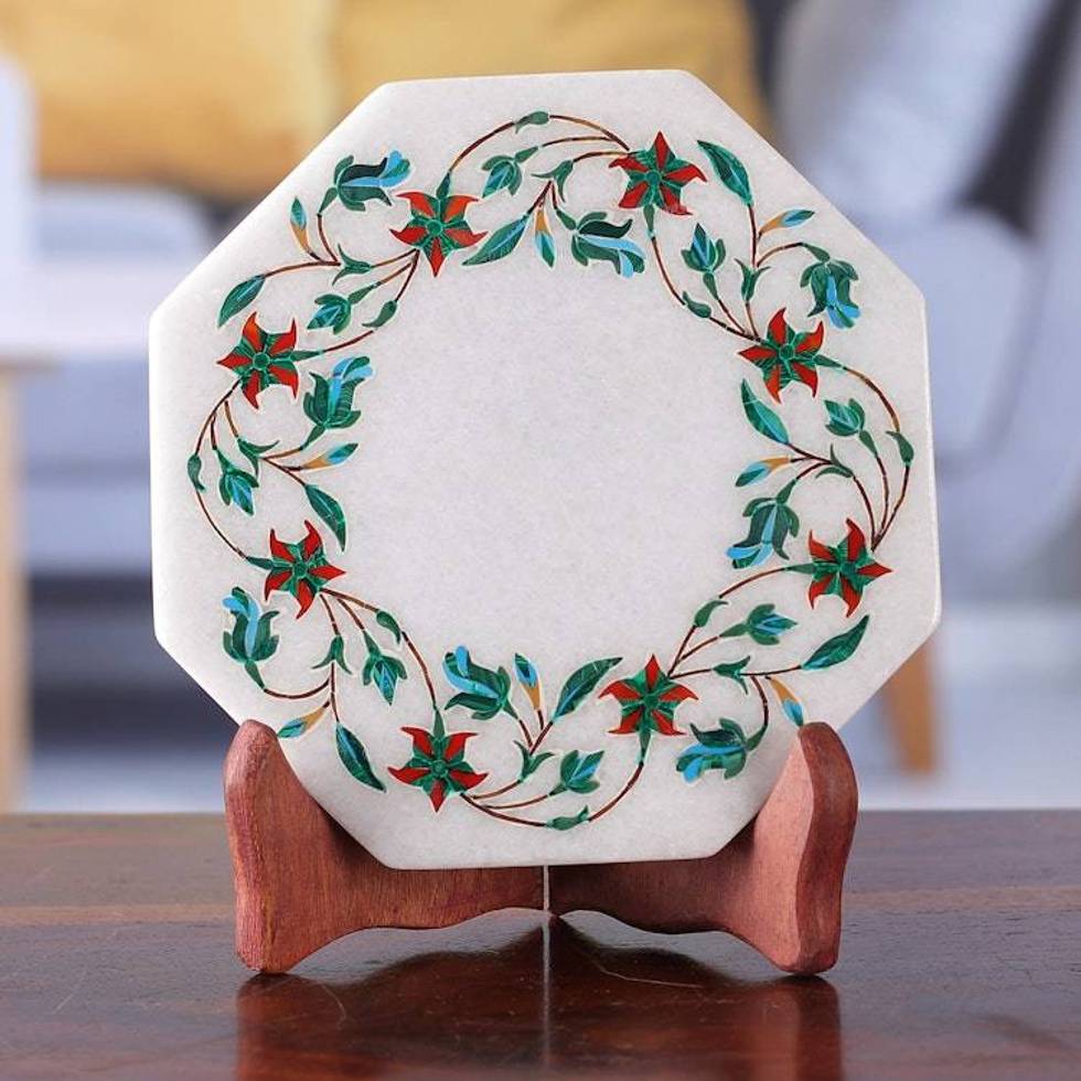 Green Floral Marble Inlay Decorative Plate from India 'Ivy Garland'