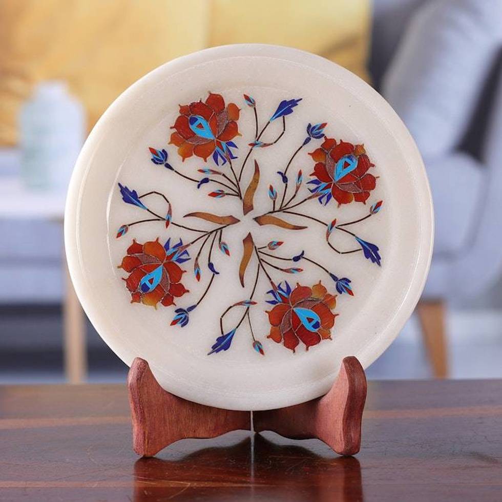 Rose Motif Marble Inlay Decorative Plate from India 'Summer Roses'