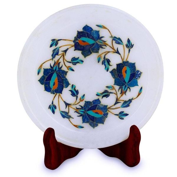 Alternate image for Blue Floral Motif Marble Inlay Decorative Plate from India Blue Garland