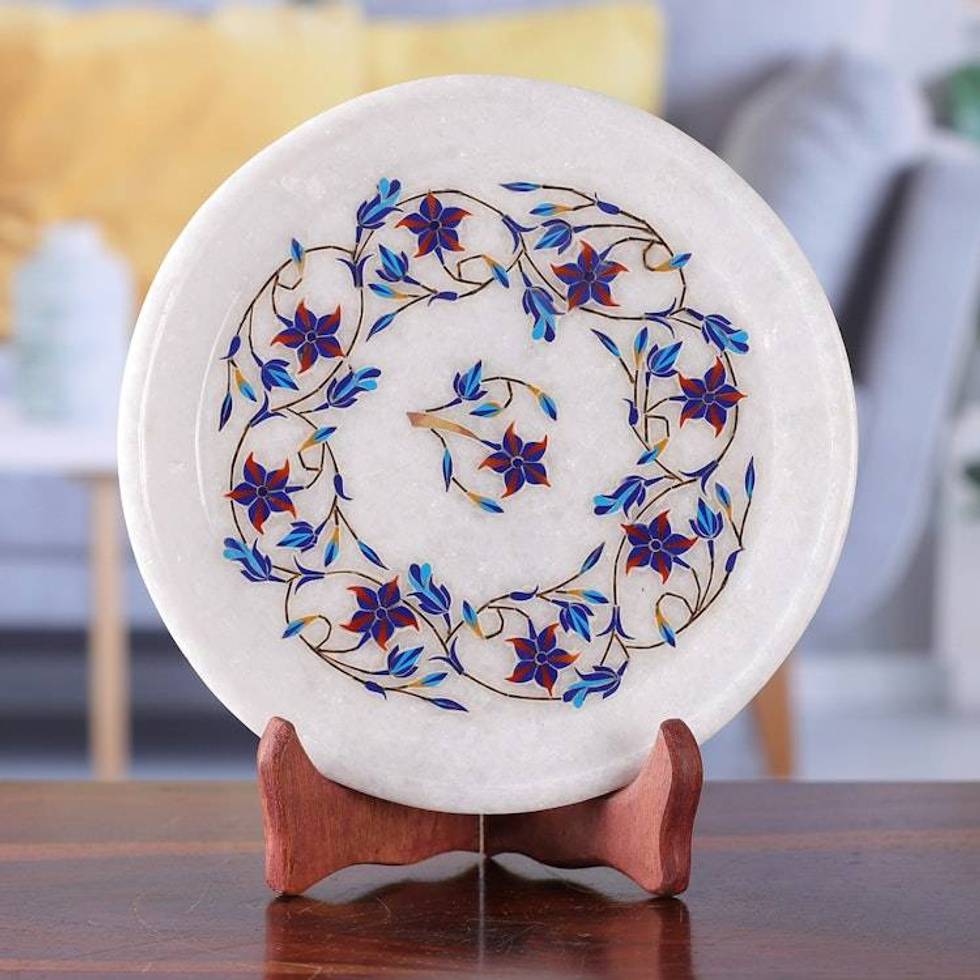 Red Floral Motif Marble Inlay Decorative Plate from India 'Floating Daffodils'
