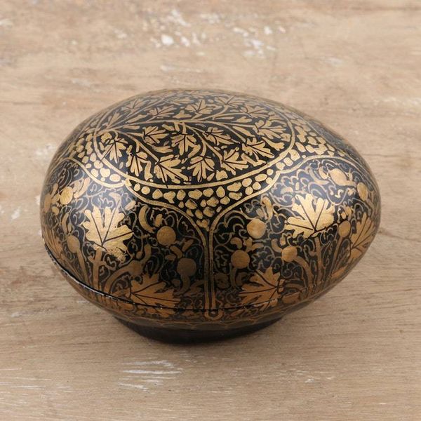 Alternate image for India Handmade Golden Leaf Black Papier Mache Box 3 inch Golden Chinar Leaves