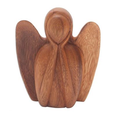 Alternate image for Angel Statuette Hand Carved from Wood Watching Angel