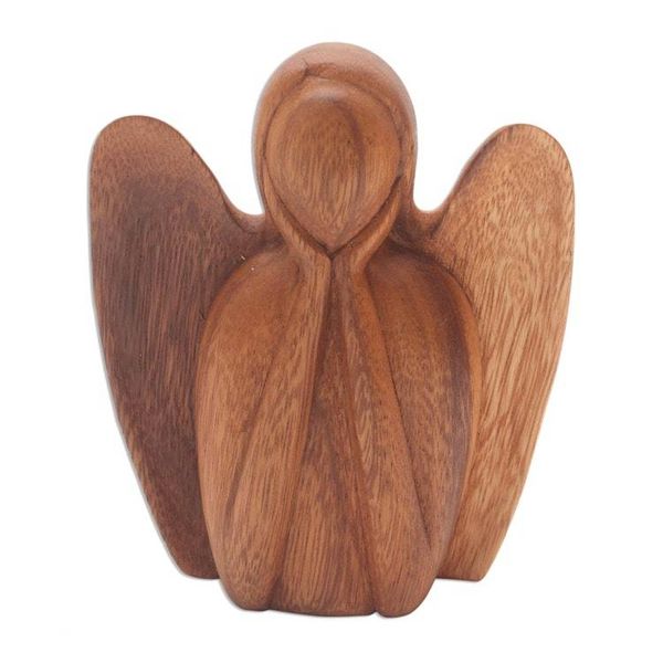 Alternate image for Angel Statuette Hand Carved from Wood Watching Angel
