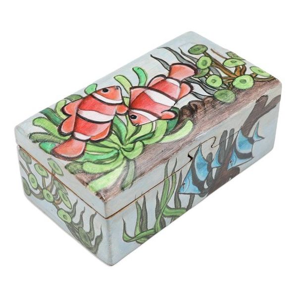 Alternate image for Hand-Painted Suar Wood Decorative Box with Marine Scene Secret Ocean