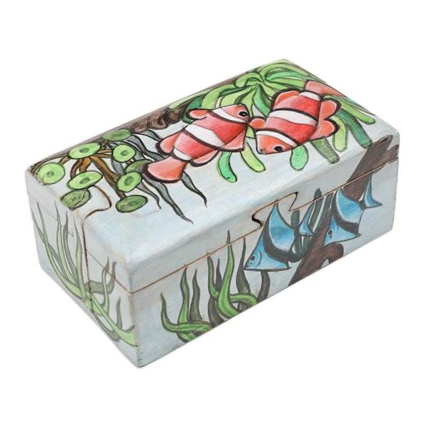 Alternate image for Hand-Painted Suar Wood Decorative Box with Marine Scene Secret Ocean