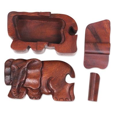 Alternate image for Hand Carved Wood Puzzle Box Elephant Shape from Indonesia Staring Elephant