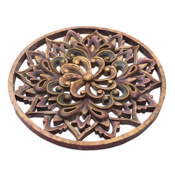 Alternate image for Hand Carved Suar Wood Floral Relief Panel Twilight Flower