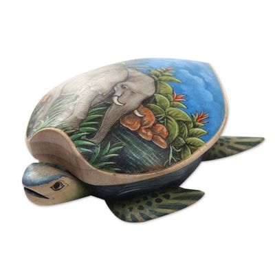 Alternate image for Hand Carved and Painted Turtle Box with Elephant Motif Turtle and Elephant