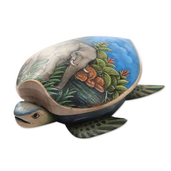 Alternate image for Hand Carved and Painted Turtle Box with Elephant Motif Turtle and Elephant