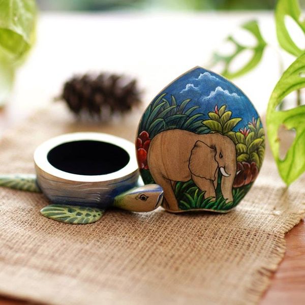 Alternate image for Hand Carved and Painted Turtle Box with Elephant Motif Turtle and Elephant