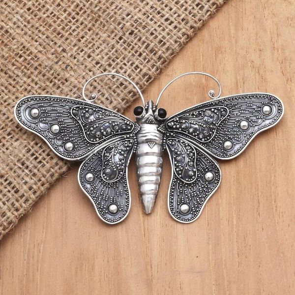 Alternate image for Sterling Silver and Onyx Butterfly Brooch Breathtaking Butterfly