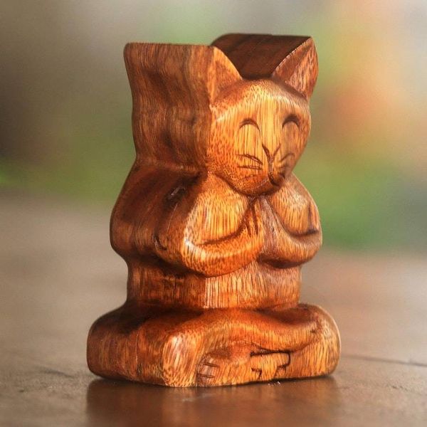 Image for Handmade Suar Wood Cat Puzzle Box from Bali Meditating Cat