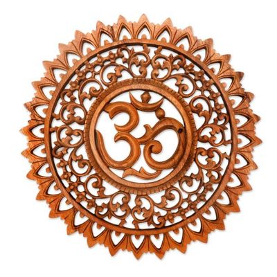 Alternate image for Hand Carved Suar Wood Sanskrit Om Sign Outlined with Lotuses Lotus Om