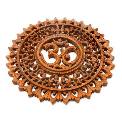 Alternate image for Hand Carved Suar Wood Sanskrit Om Sign Outlined with Lotuses Lotus Om