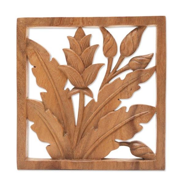 Alternate image for Hand-Carved Balinese Floral and Leafy Suar Wood Wall Panel Window to Paradise