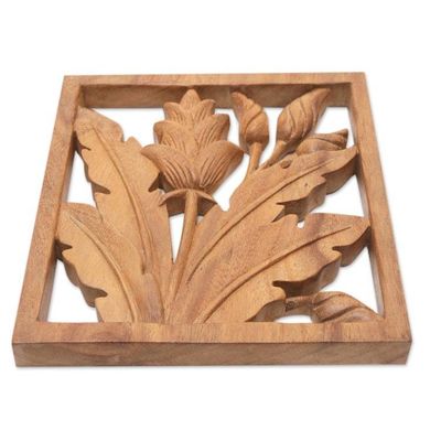Alternate image for Hand-Carved Balinese Floral and Leafy Suar Wood Wall Panel Window to Paradise