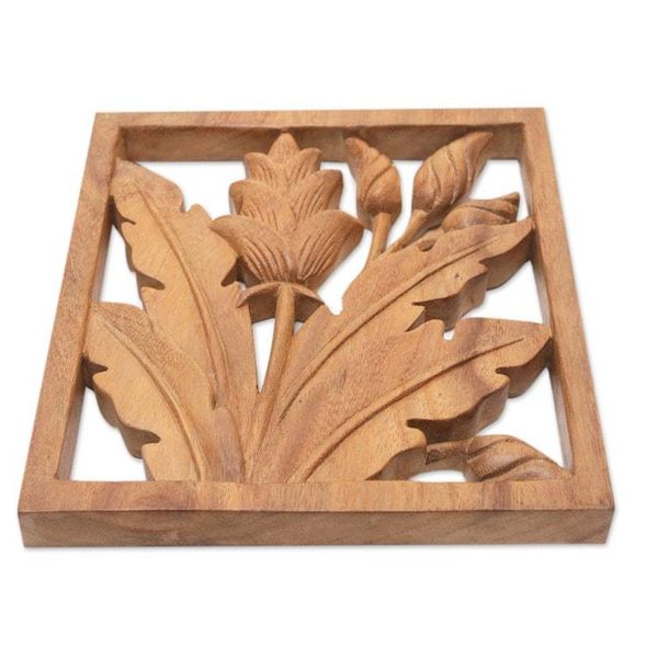 Alternate image for Hand-Carved Balinese Floral and Leafy Suar Wood Wall Panel Window to Paradise
