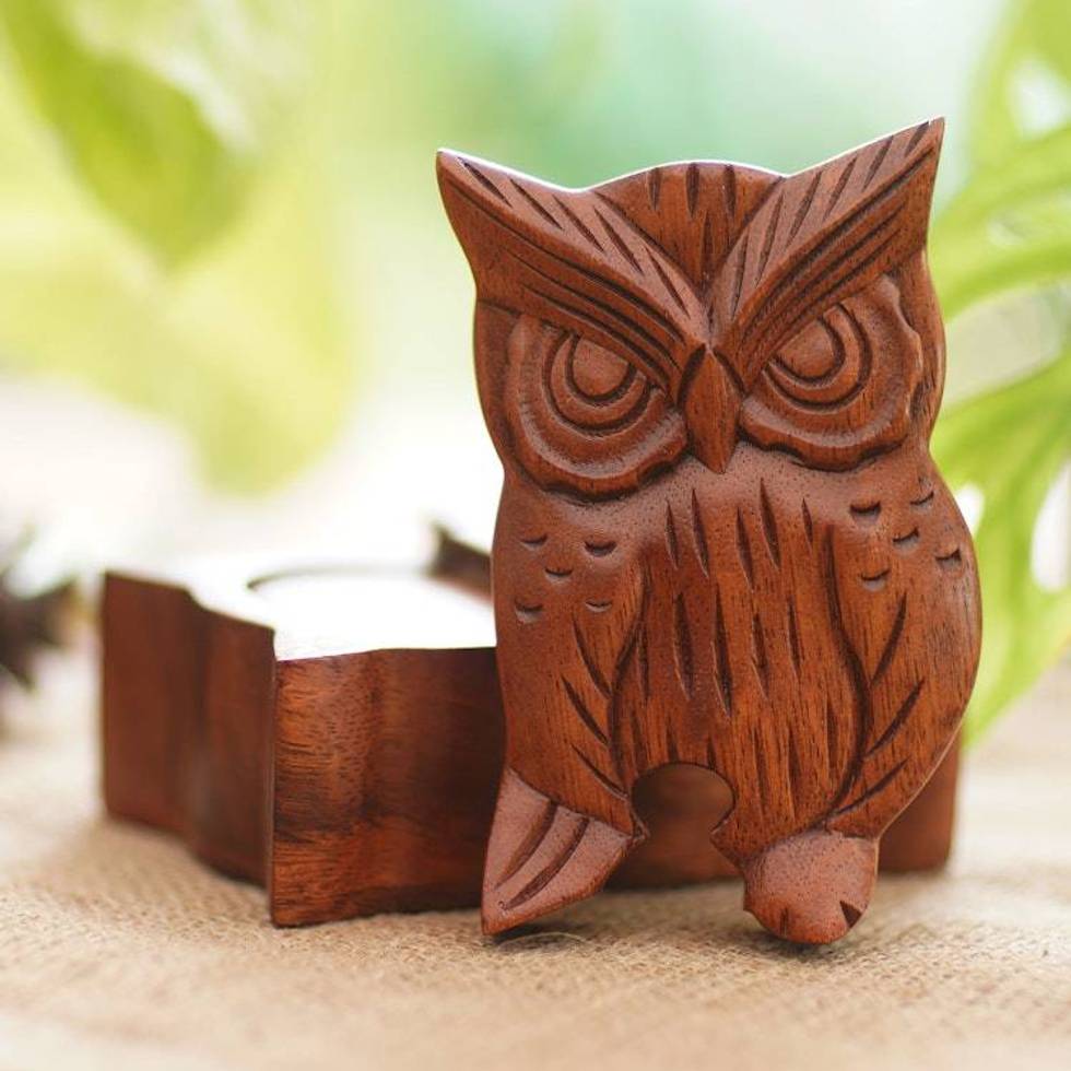 Hand Carved Wood Puzzle Box Owl Shape from Indonesia 'Serious Owl'