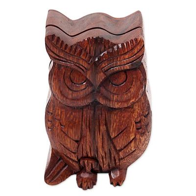 Alternate image for Hand Carved Wood Puzzle Box Owl Shape from Indonesia Serious Owl