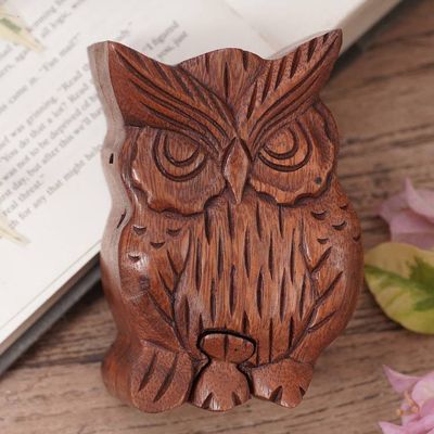 Alternate image for Hand Carved Wood Puzzle Box Owl Shape from Indonesia Serious Owl