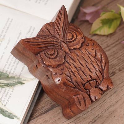 Alternate image for Hand Carved Wood Puzzle Box Owl Shape from Indonesia Serious Owl
