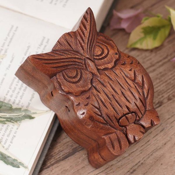Alternate image for Hand Carved Wood Puzzle Box Owl Shape from Indonesia Serious Owl