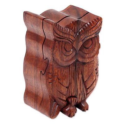 Alternate image for Hand Carved Wood Puzzle Box Owl Shape from Indonesia Serious Owl