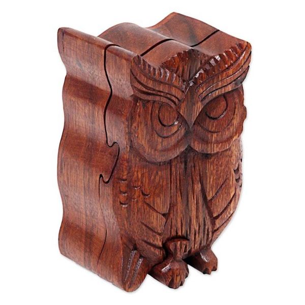 Alternate image for Hand Carved Wood Puzzle Box Owl Shape from Indonesia Serious Owl