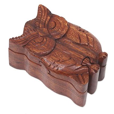 Alternate image for Hand Carved Wood Puzzle Box Owl Shape from Indonesia Serious Owl