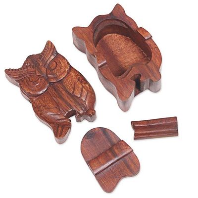 Alternate image for Hand Carved Wood Puzzle Box Owl Shape from Indonesia Serious Owl