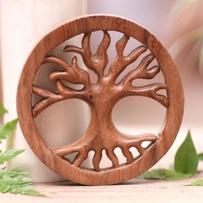 Alternate image for Hand-Carved Suar Wood Relief Panel with Leafless Tree Prosperous Aesthetic