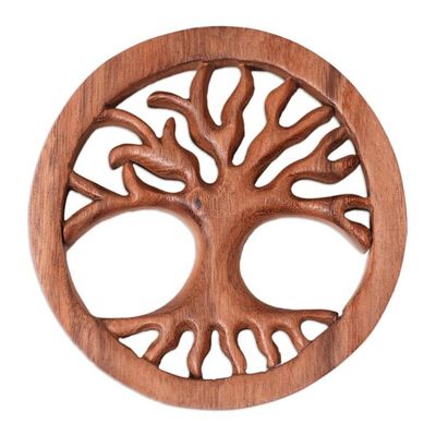 Alternate image for Hand-Carved Suar Wood Relief Panel with Leafless Tree Prosperous Aesthetic