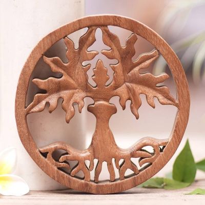 Alternate image for Hand-Carved Polished Brown Suar Wood Relief Panel from Bali Paradise Forest