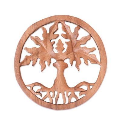 Alternate image for Hand-Carved Polished Brown Suar Wood Relief Panel from Bali Paradise Forest