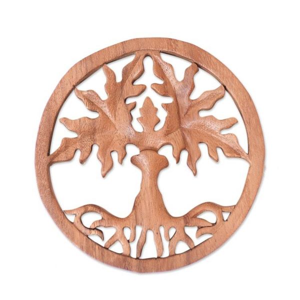 Alternate image for Hand-Carved Polished Brown Suar Wood Relief Panel from Bali Paradise Forest
