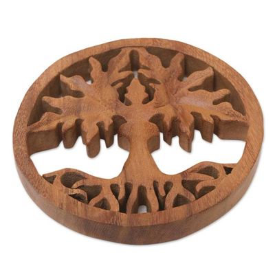 Alternate image for Hand-Carved Polished Brown Suar Wood Relief Panel from Bali Paradise Forest