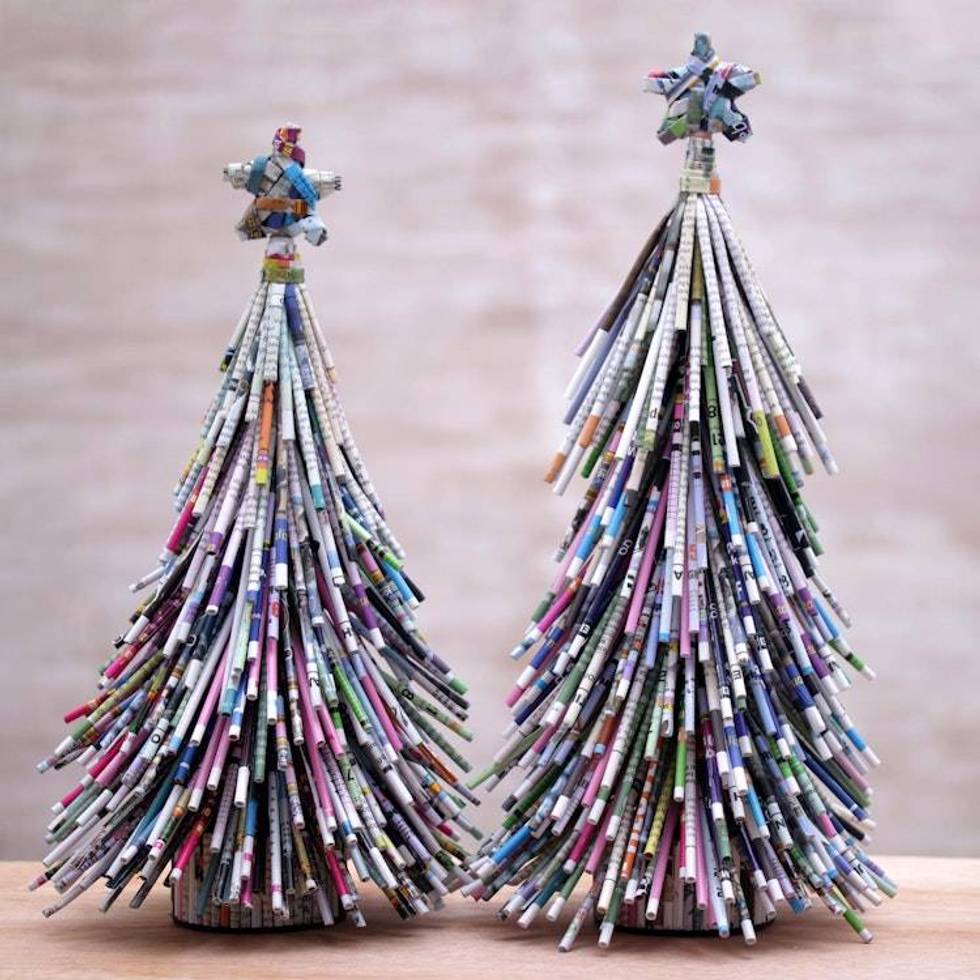 Handmade Recycled Paper Christmas Tree Figurines Pair 'News Tree'