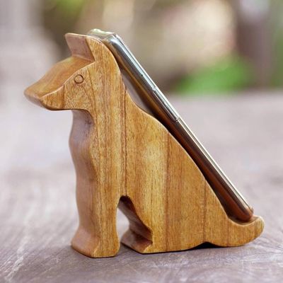Alternate image for Hand Carved Jempinis Wood Phone Stand Dialing Dog