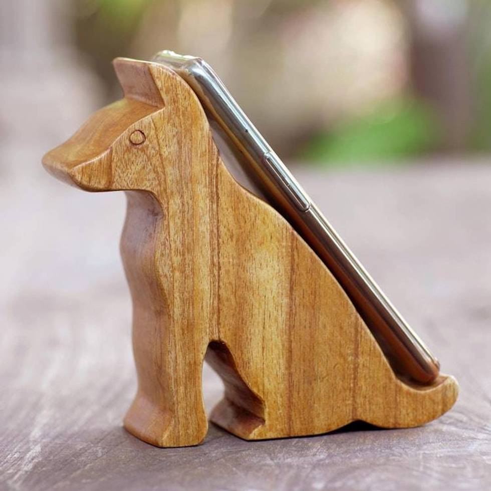 Hand Carved Jempinis Wood Phone Stand 'Dialing Dog'