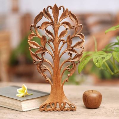 Alternate image for Hand-Carved Suar Wood Relief Panel of a Leafy Tree from Bali Ethereal Leaves