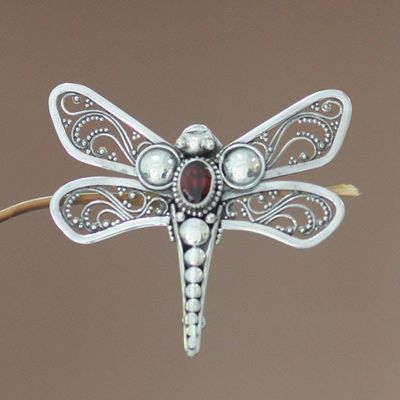 Alternate image for Indonesian Garnet and Silver Brooch Pin Scarlet Dragonfly