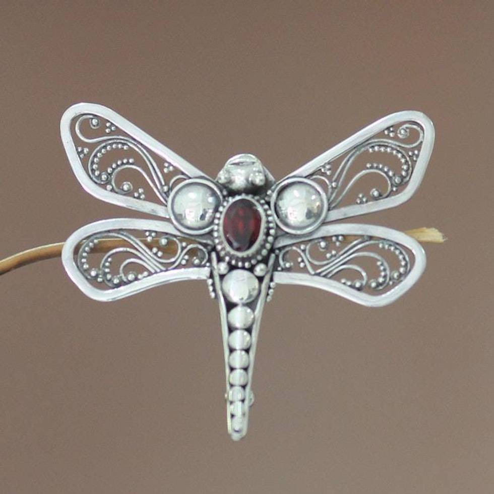Indonesian Garnet and Silver Brooch Pin 'Scarlet Dragonfly'