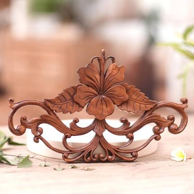 Alternate image for Unique Floral Wood Relief Panel from Indonesia Hibiscus