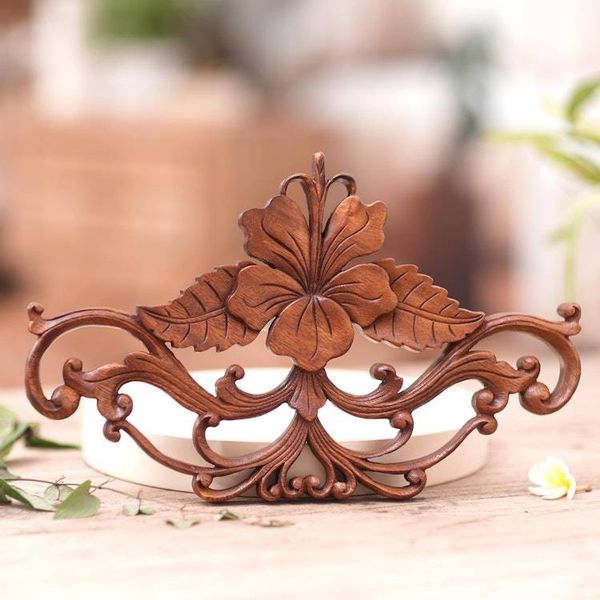 Alternate image for Unique Floral Wood Relief Panel from Indonesia Hibiscus