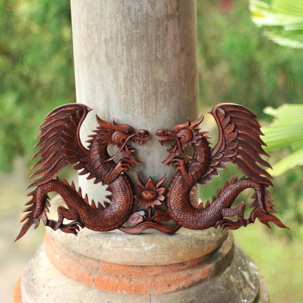 Handmade Wood Relief Panel from Indonesia 'Winged Dragons'