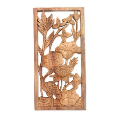 Alternate image for Heron Lilies and Lotus Wall Relief Panel in Hand Carved Wood Heron Pond