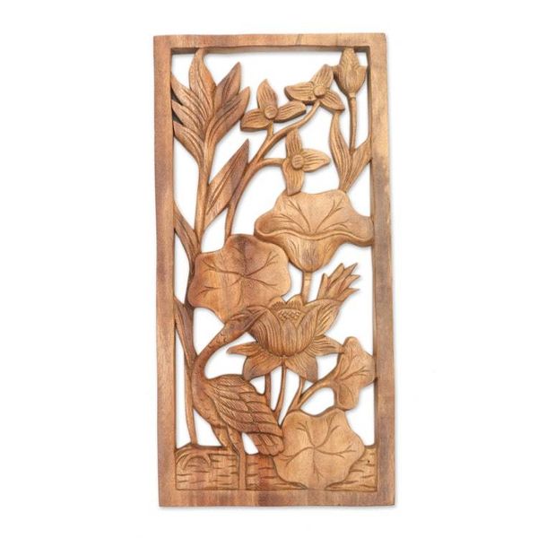 Alternate image for Heron Lilies and Lotus Wall Relief Panel in Hand Carved Wood Heron Pond