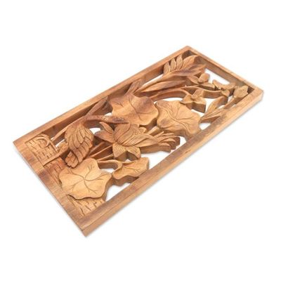 Alternate image for Heron Lilies and Lotus Wall Relief Panel in Hand Carved Wood Heron Pond
