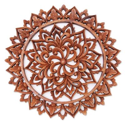 Alternate image for Artisan Crafted Suar Wood Relief Panel Flower Farm